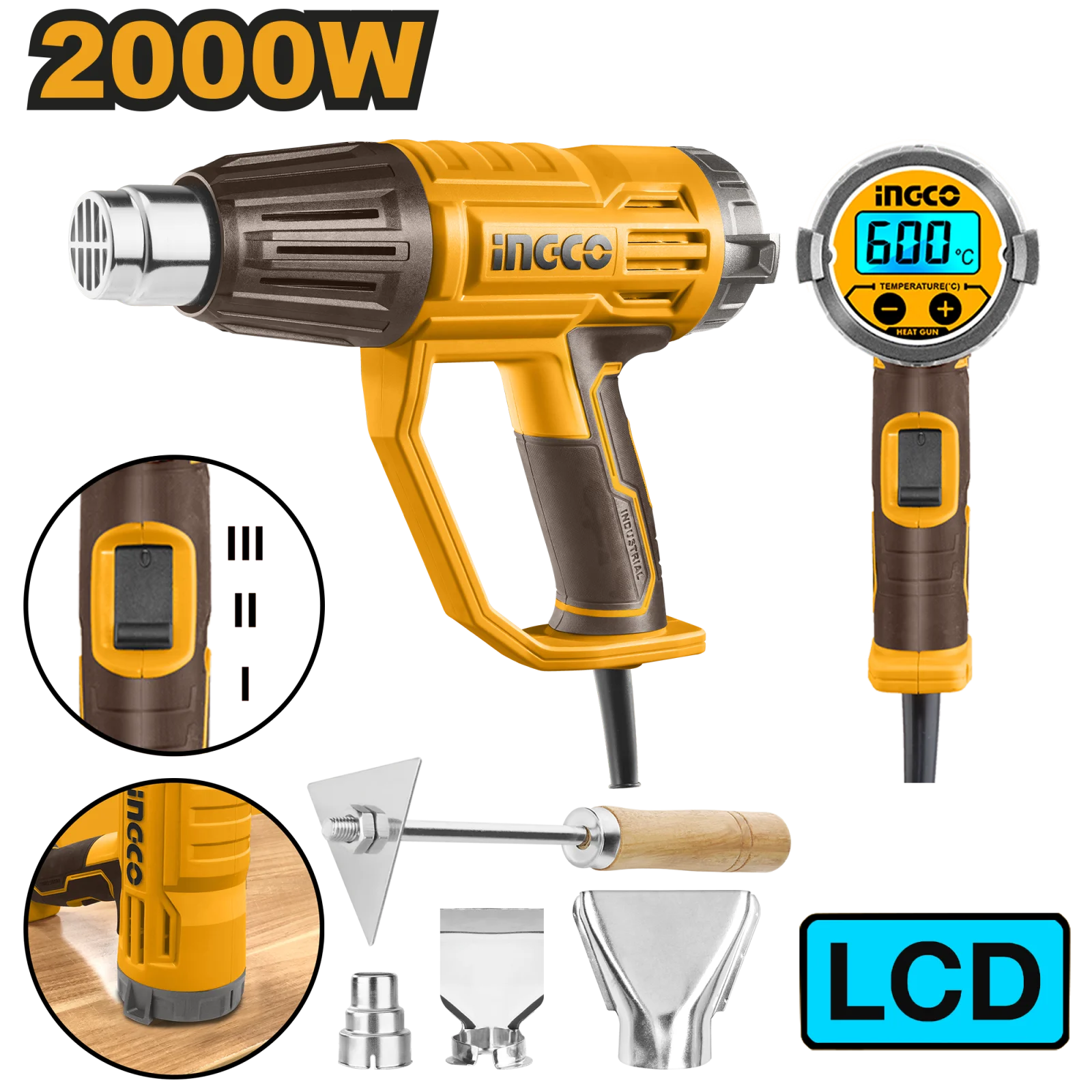 Фен строительный INGCO HG200058 INDUSTRIAL с ЖК-дисплеем 50-600°C 2,0 кВт — фото 1