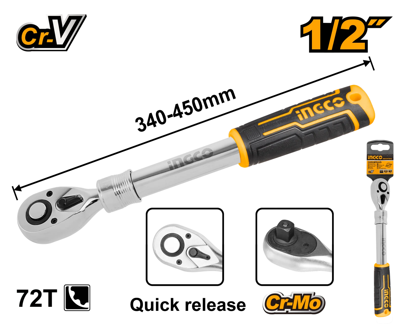 Ключ трещоточный с раздвижной ручкой INGCO HRTH08128L INDUSTRIAL 1/2