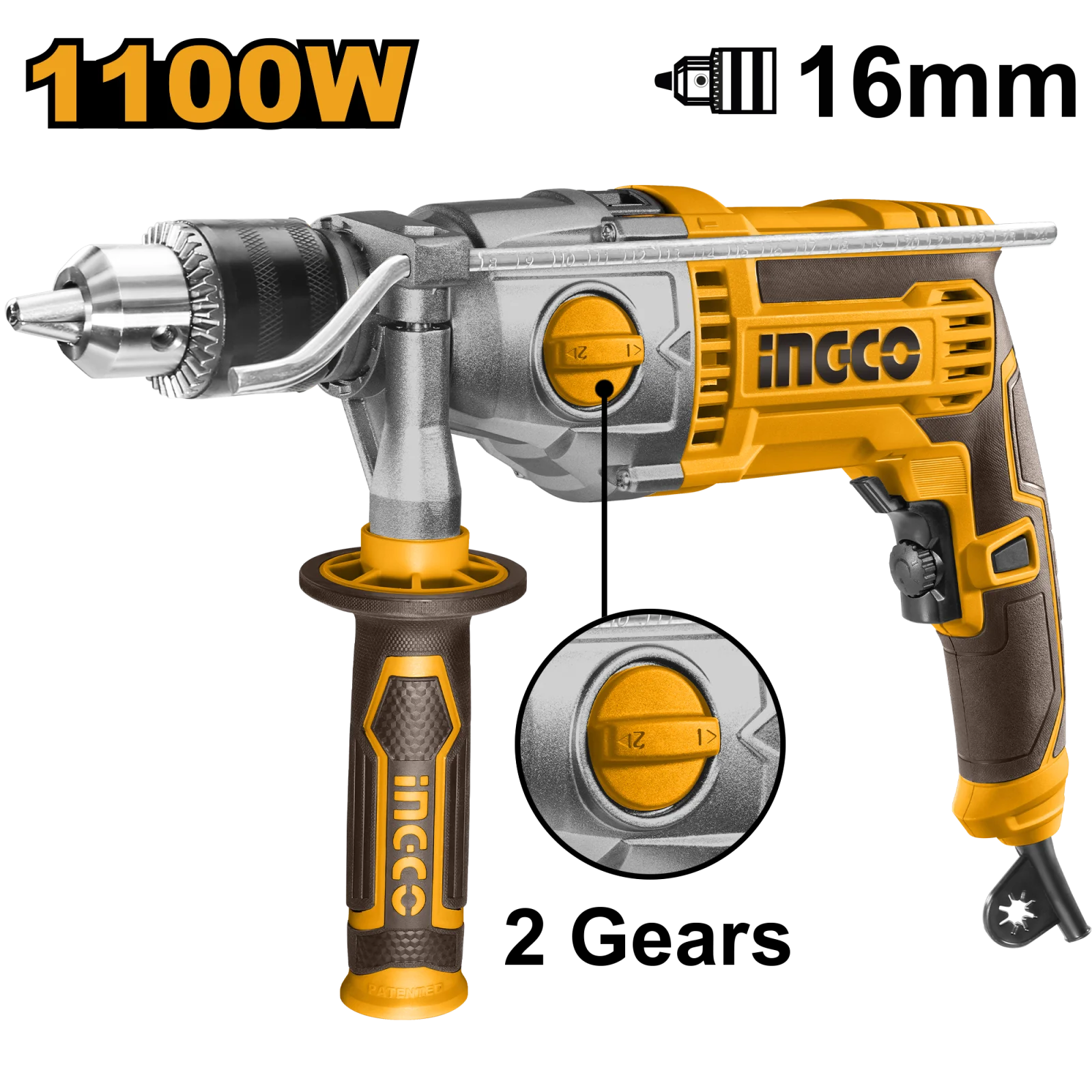 Дрель электрическая ударная INGCO ID211008 INDUSTRIAL 1100 Вт 3-16 мм