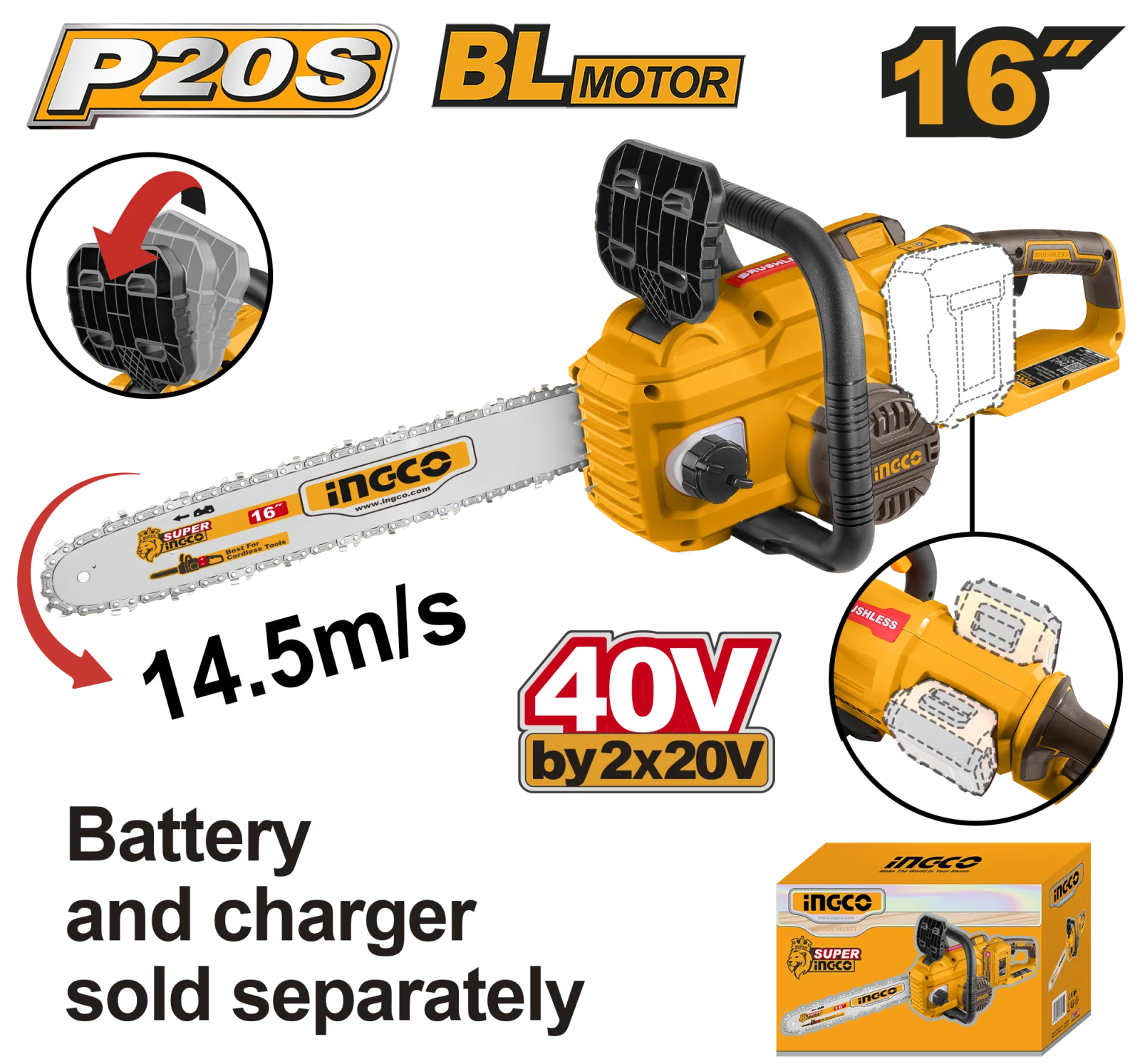 Аккумуляторная бесщеточная цепная пила INGCO CGSLI40168 INDUSTRIAL 20 В 16