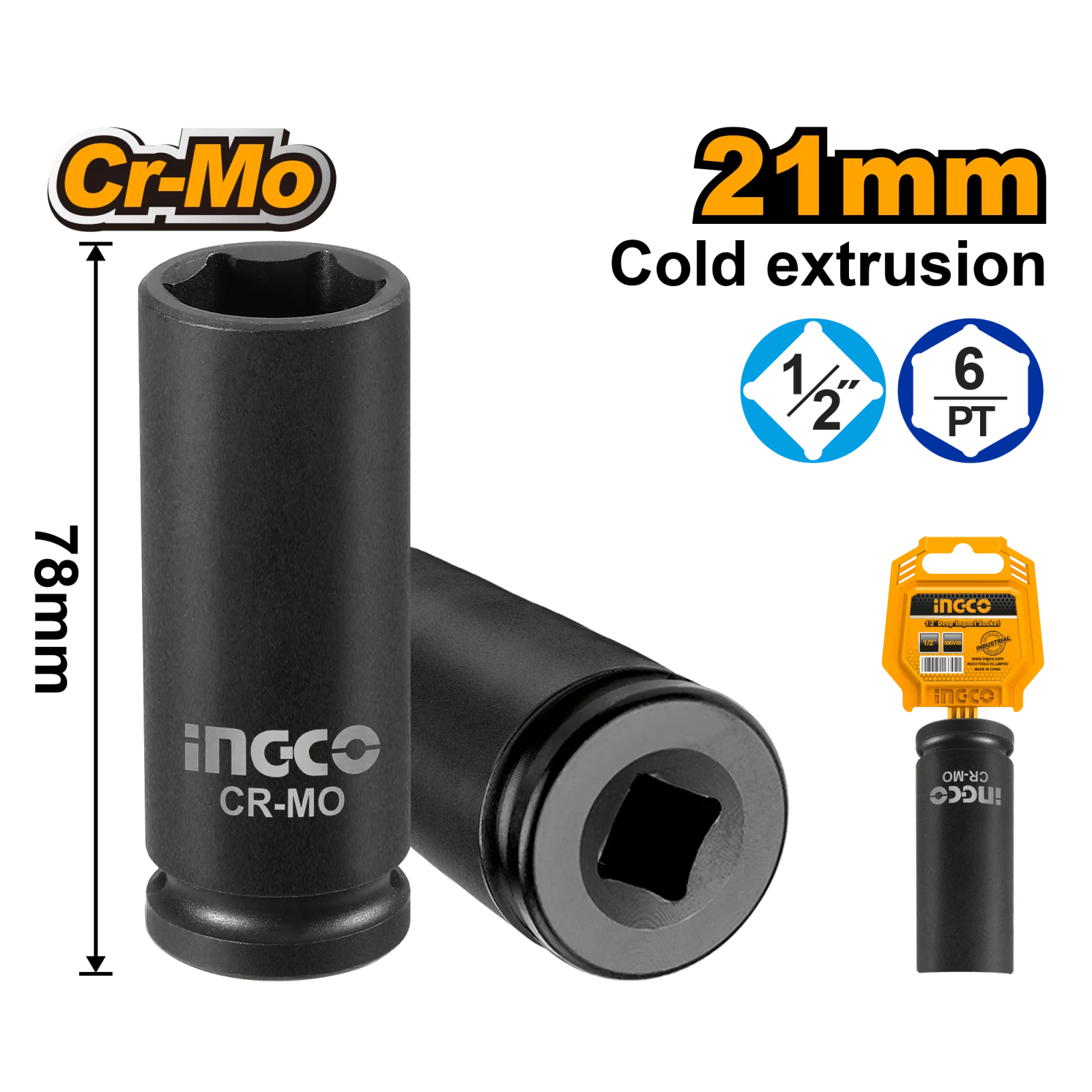 Головка торцевая ударная удлиненная INGCO HDIS12211L INDUSTRIAL 1/2