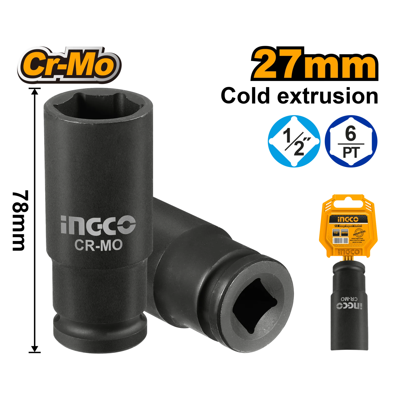 Головка торцевая ударная удлиненная INGCO HDIS12271L INDUSTRIAL 1/2