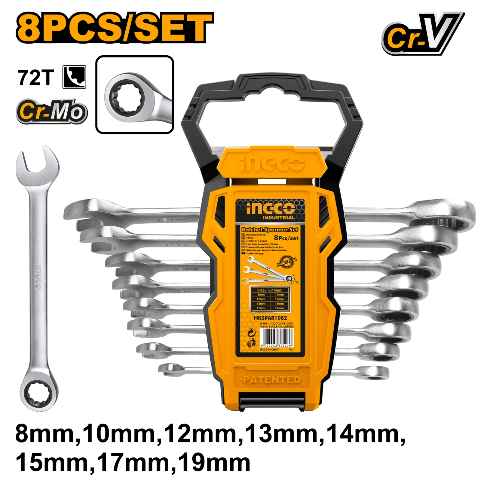 Набор комбинированных гаечных ключей с трещоткой INGCO HKSPAR1082 INDUSTRIAL 8-19 мм 8 шт. — фото 1