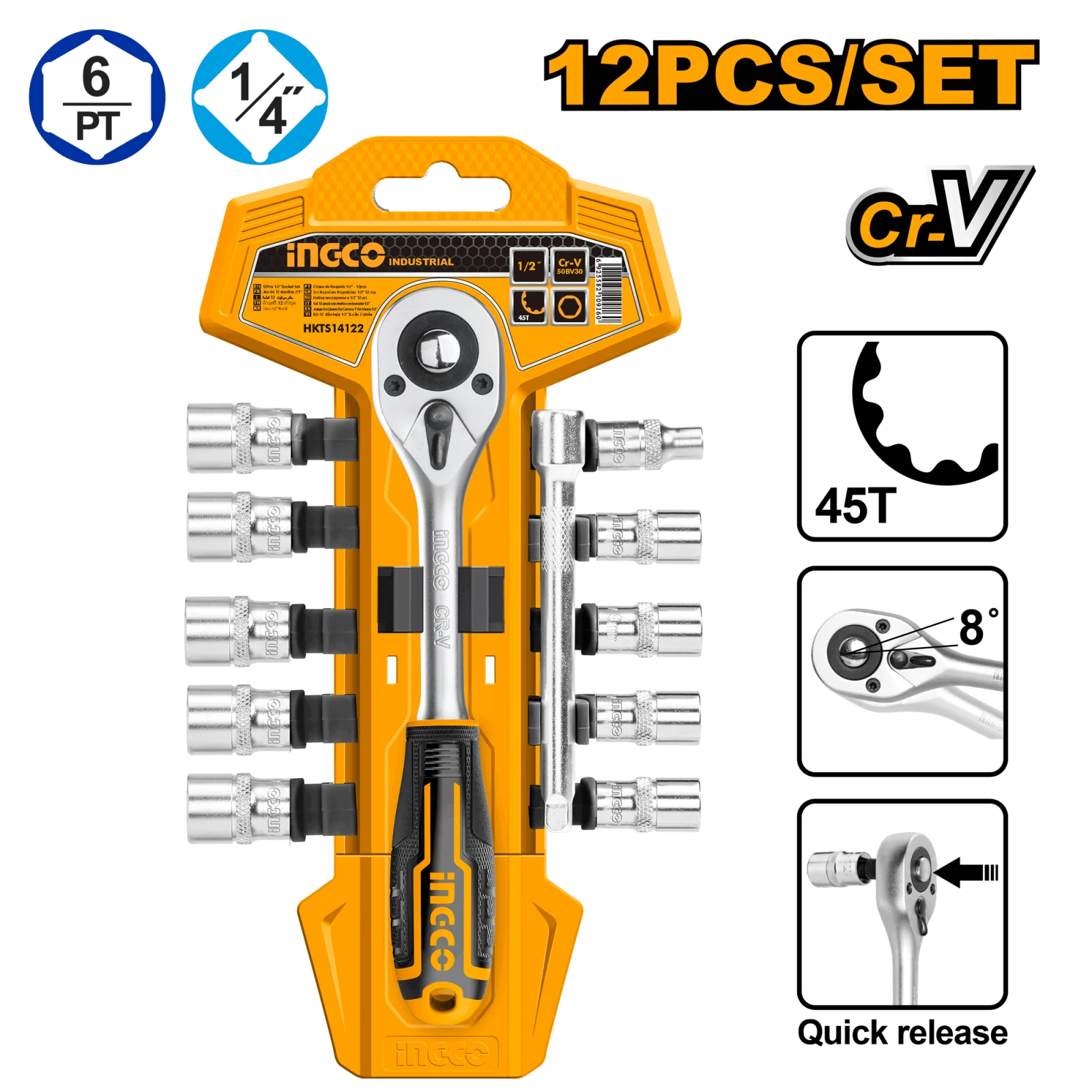 Набор торцевых головок с трещоткой INGCO HKTS14122 INDUSTRIAL 1/4