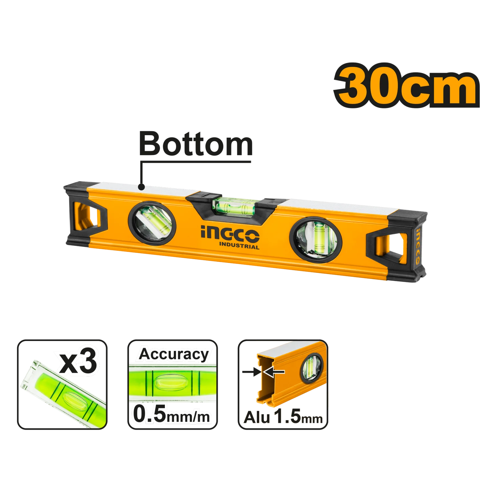 Строительный алюминиевый уровень INGCO HSL08030 INDUSTRIAL 30 см