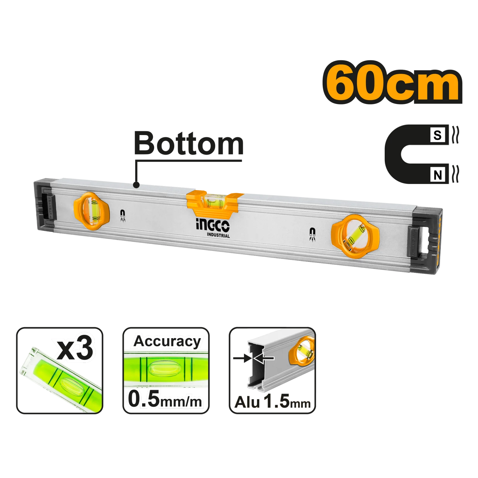 Строительный алюминиевый уровень магнитный INGCO HSL38060M INDUSTRIAL 60 см — фото 1