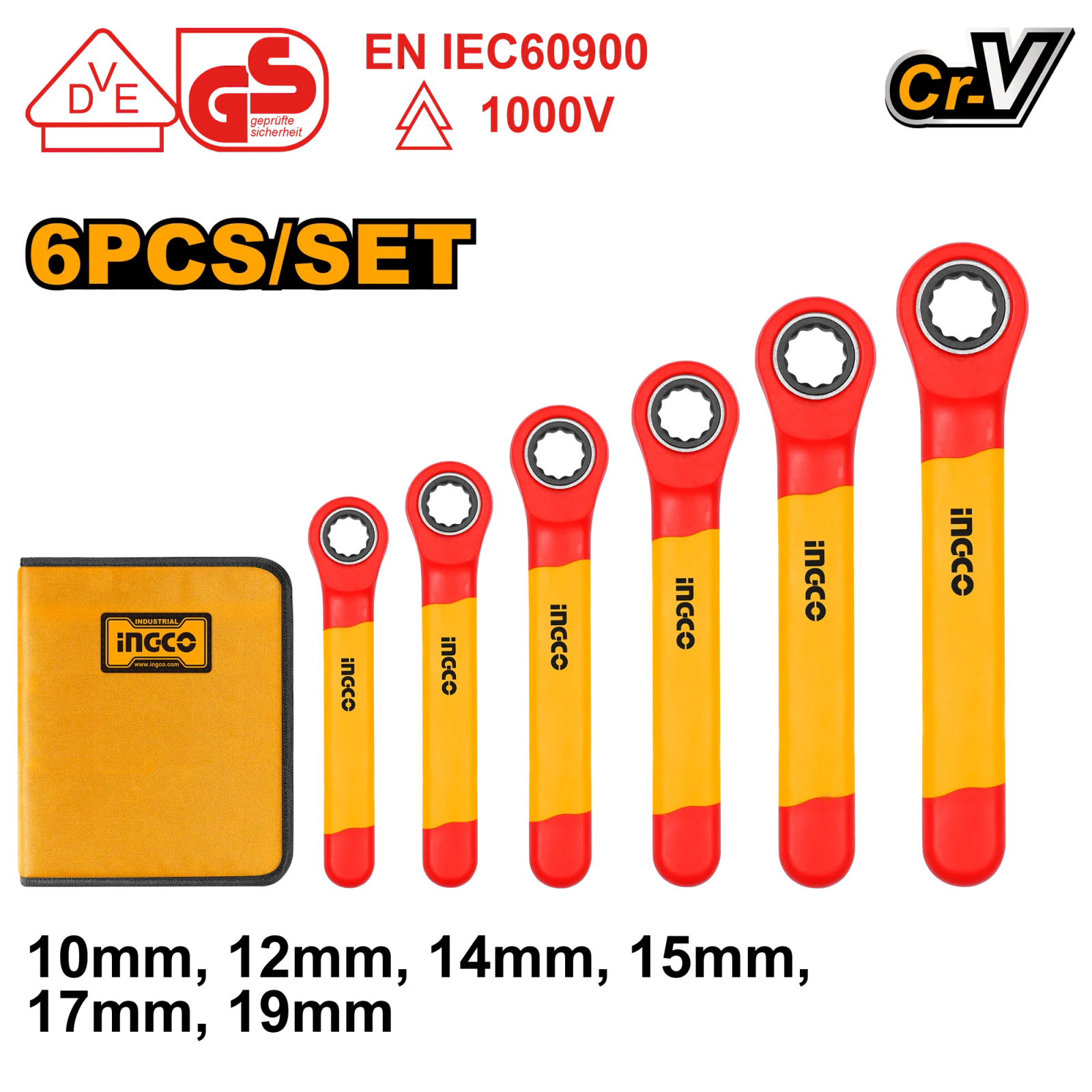 Набор диэлектрических накидных трещоточных ключей INGCO HKISPA0603 INDUSTRIAL 10-19 мм 6 шт. — фото 1