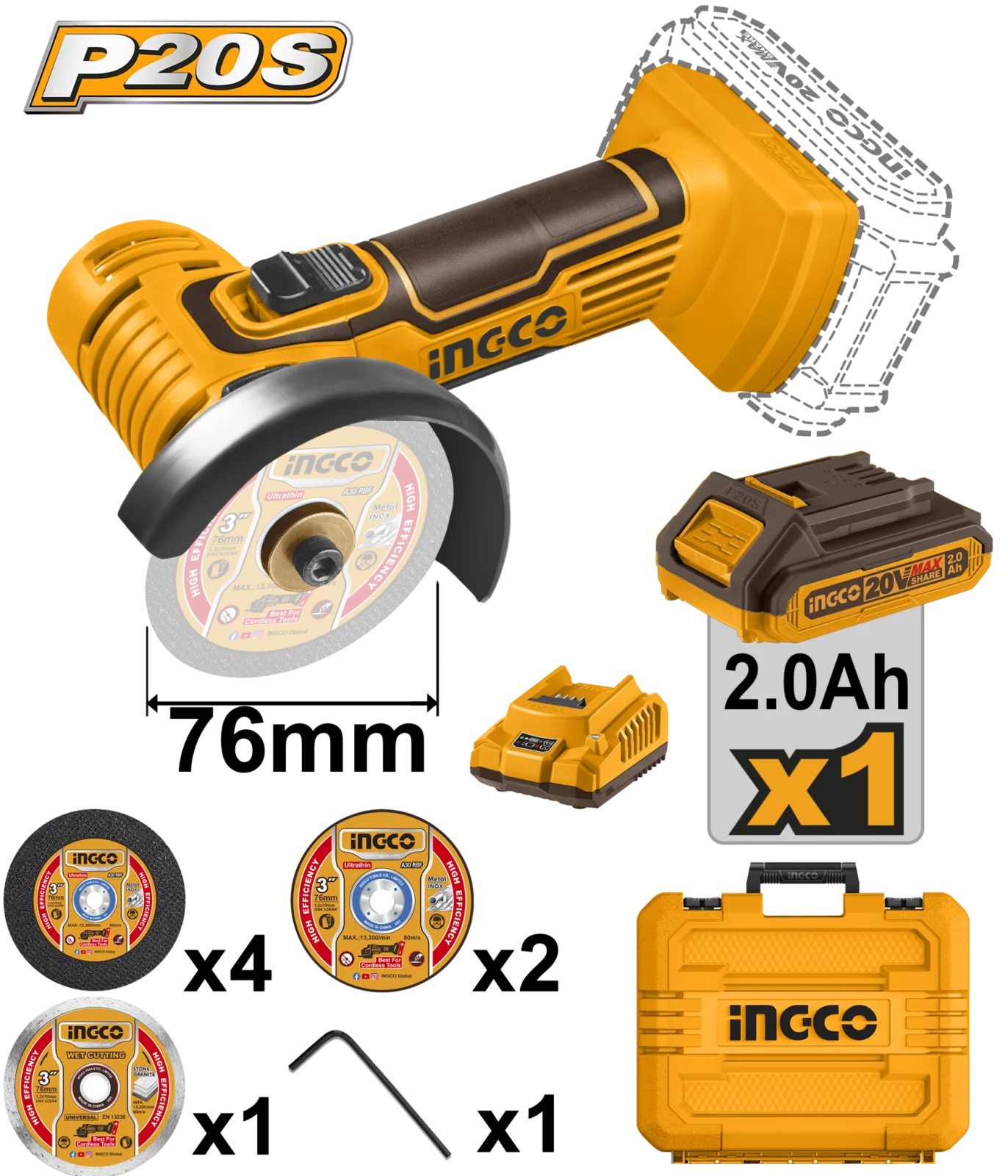 Аккумуляторная мини-угловая шлифовальная машина (УШМ) INGCO CAGLI76012 INDUSTRIAL 20 В 76 мм — фото 1