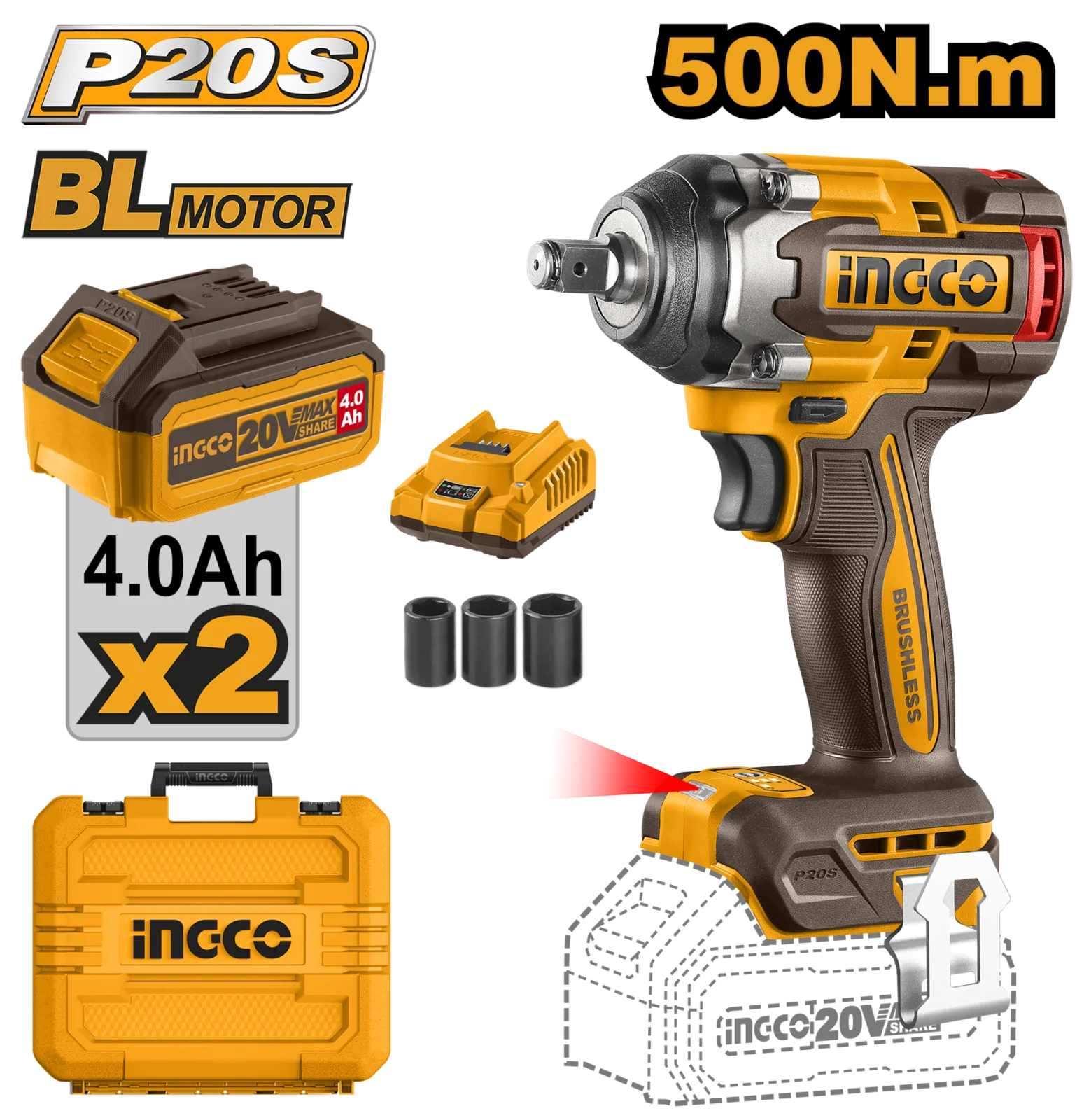 Аккумуляторный бесщеточный ударный гайковерт INGCO CIWLI2050 INDUSTRIAL 20 В 1/2