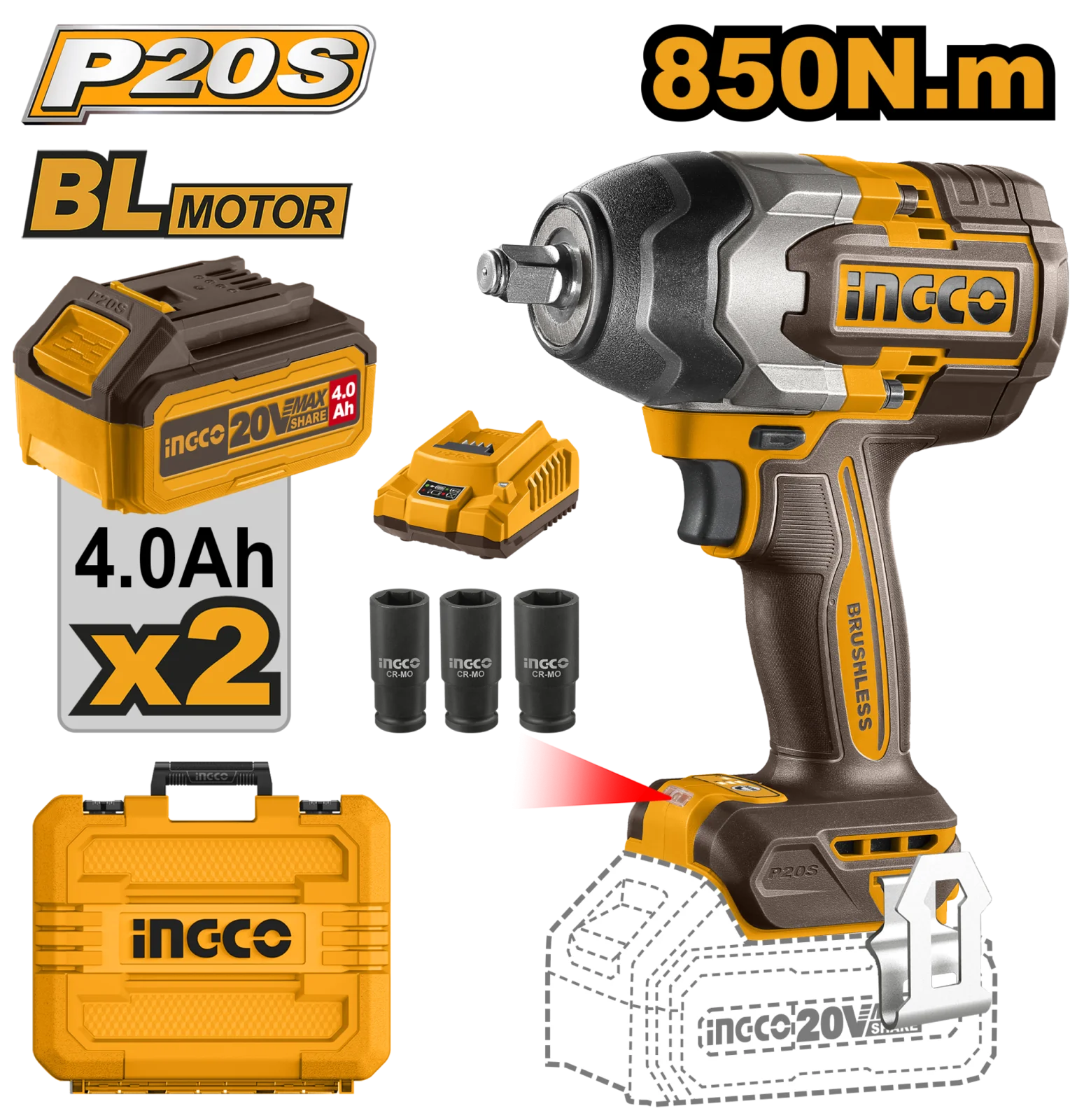 Аккумуляторный бесщеточный ударный гайковерт INGCO CIWLI2085 INDUSTRIAL 20 В 1/2