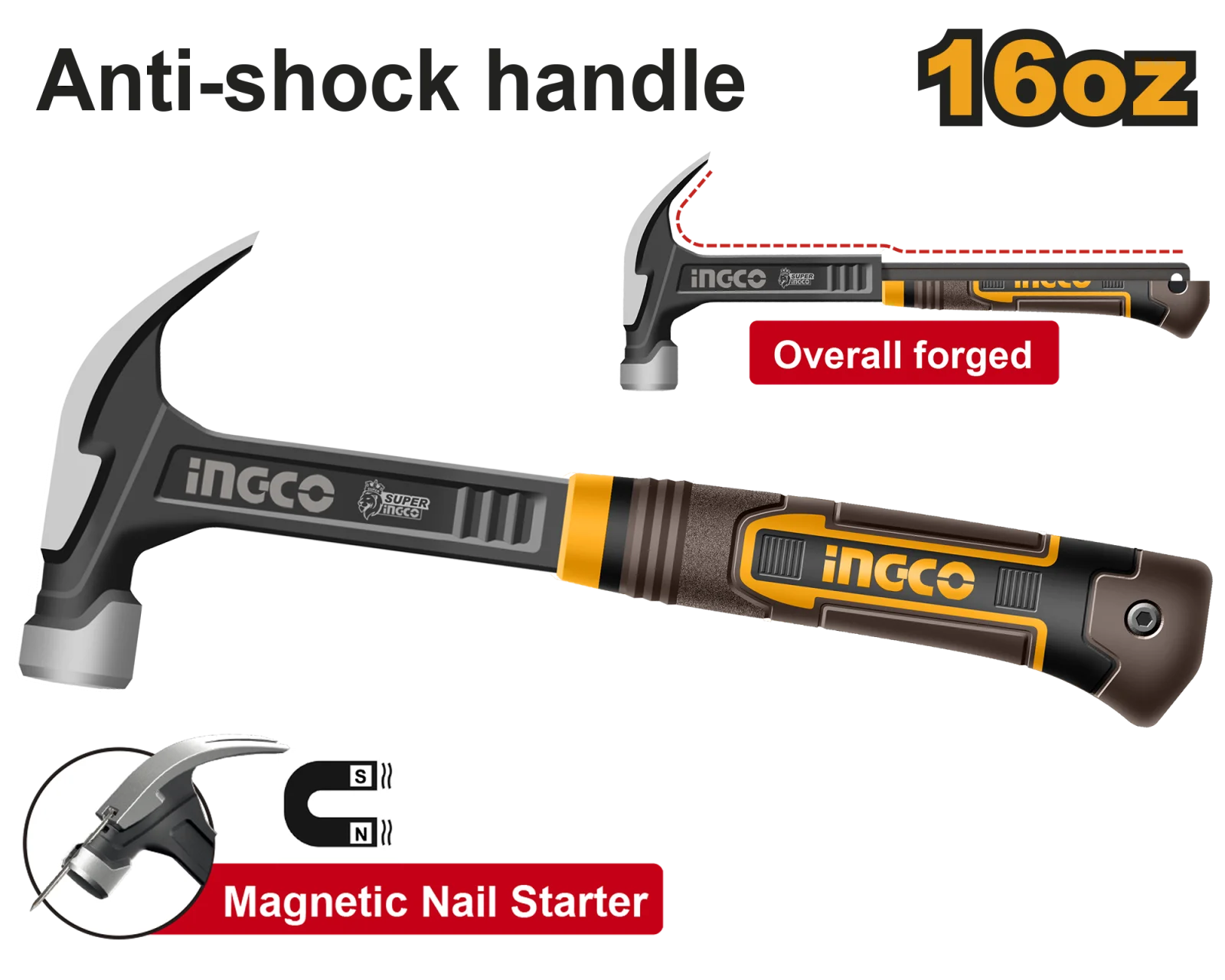 Молоток-гвоздодер INGCO HCH81016L INDUSTRIAL 450 г — фото 1