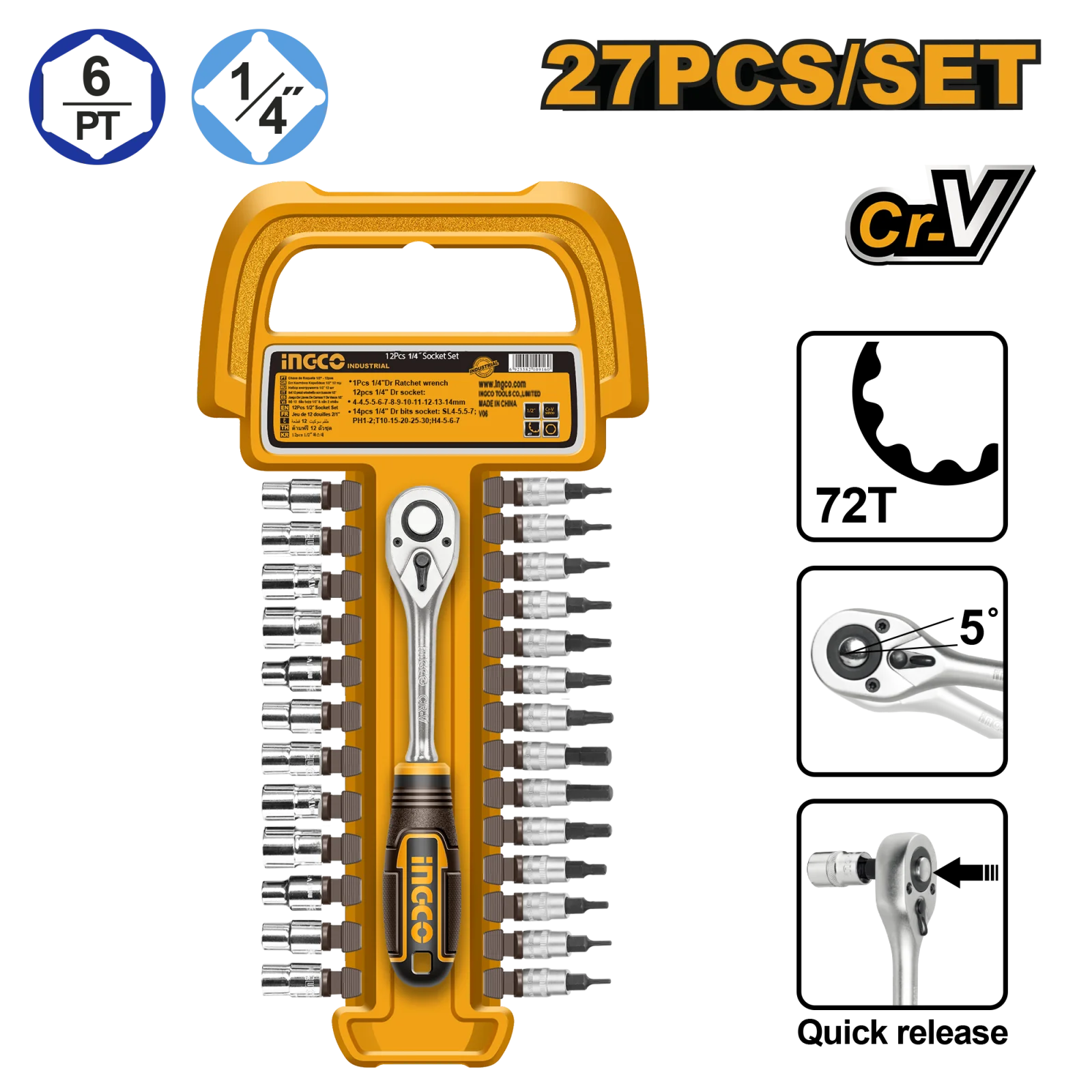 Набор торцевых головок с трещоткой INGCO HKTS14271 INDUSTRIAL 1/4