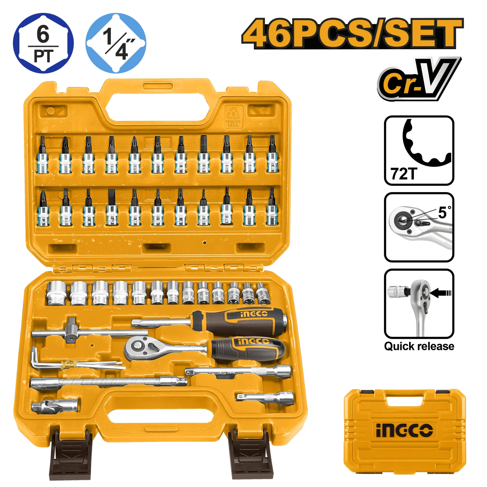 Набор торцевых головок с трещоткой INGCO HKTS14462 INDUSTRIAL 1/4