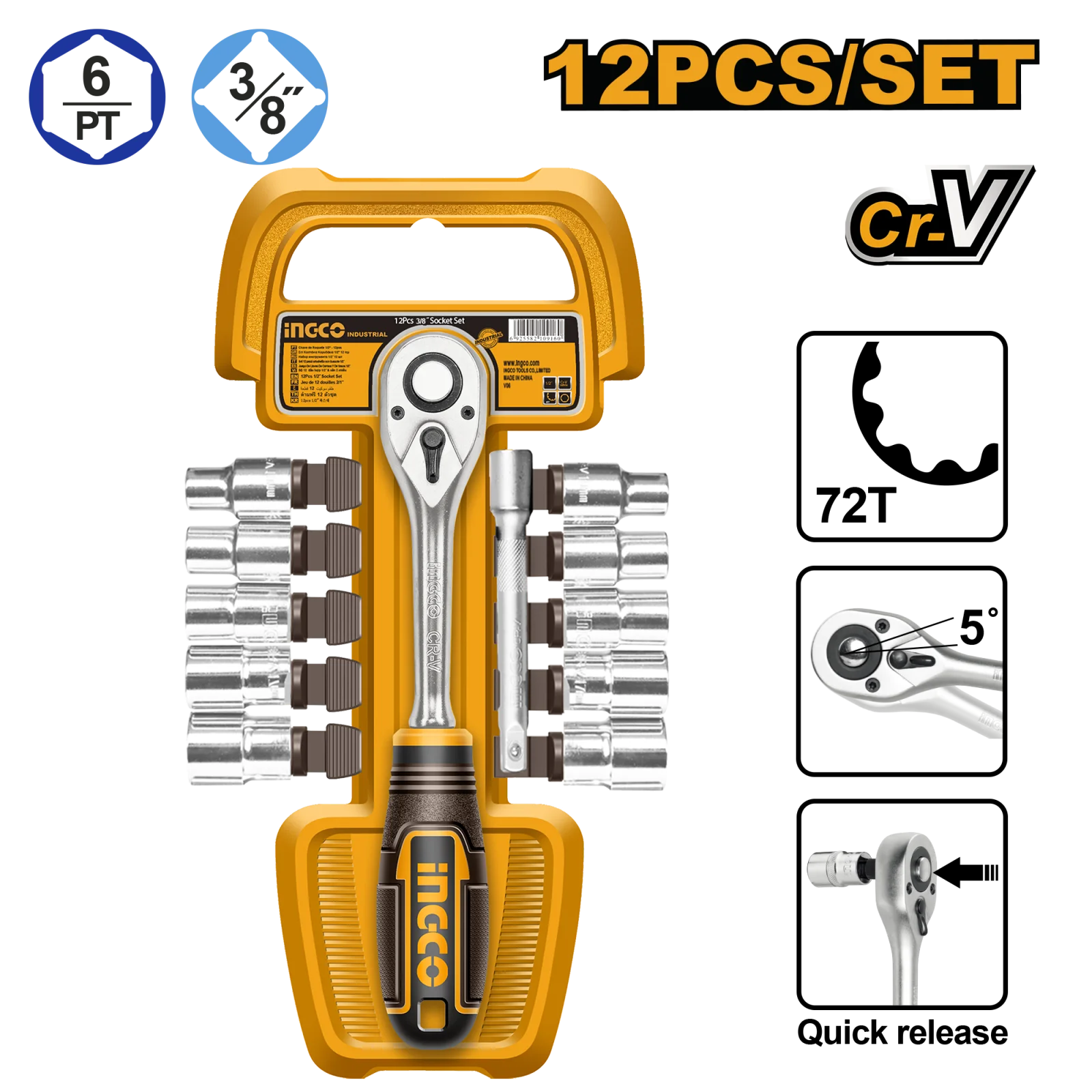 Набор торцевых головок с трещоткой INGCO HKTS38122 INDUSTRIAL 3/8