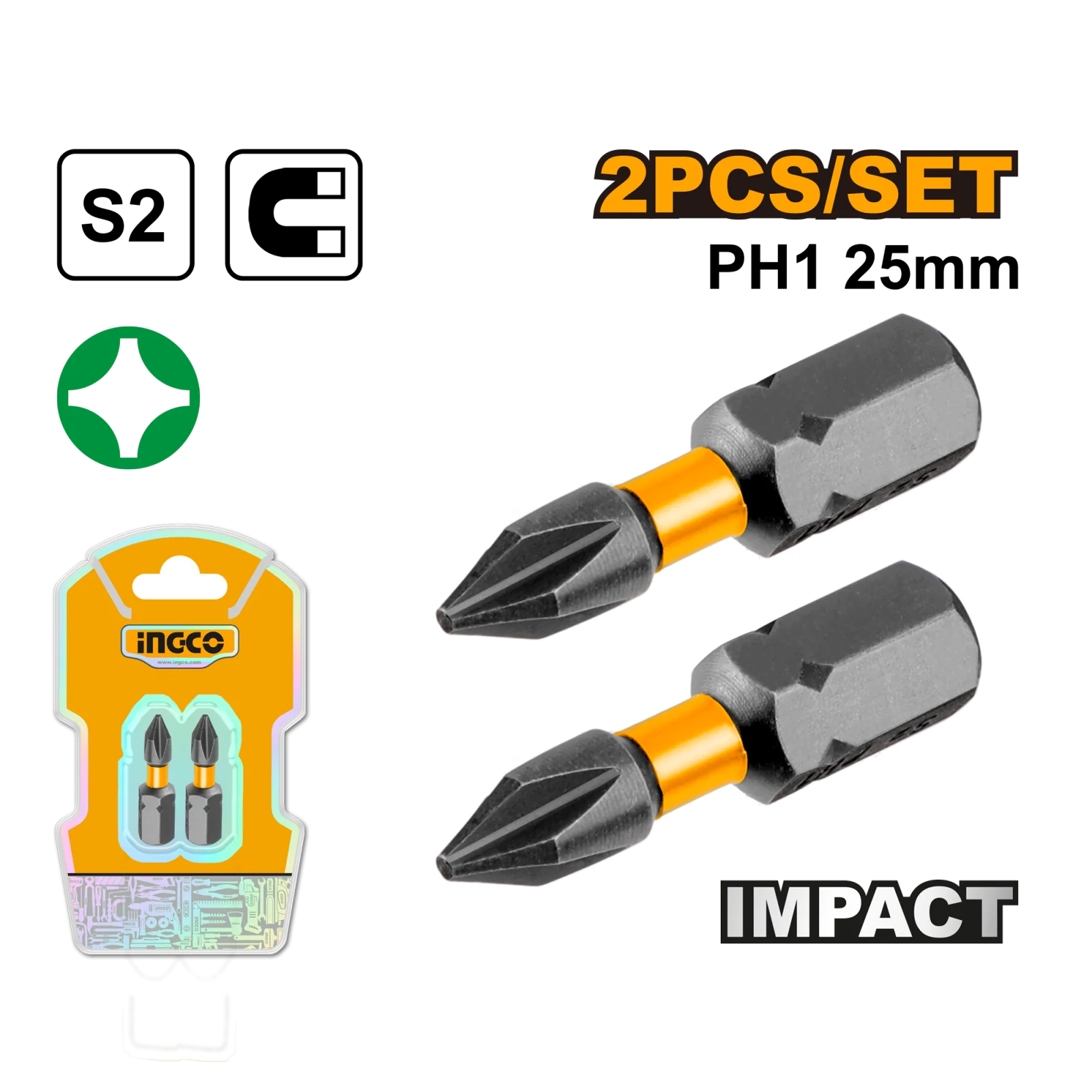 Набор ударных бит IMPACT INGCO SDBIM71PH125 INDUSTRIAL РН1х25 мм 2 шт. — фото 1