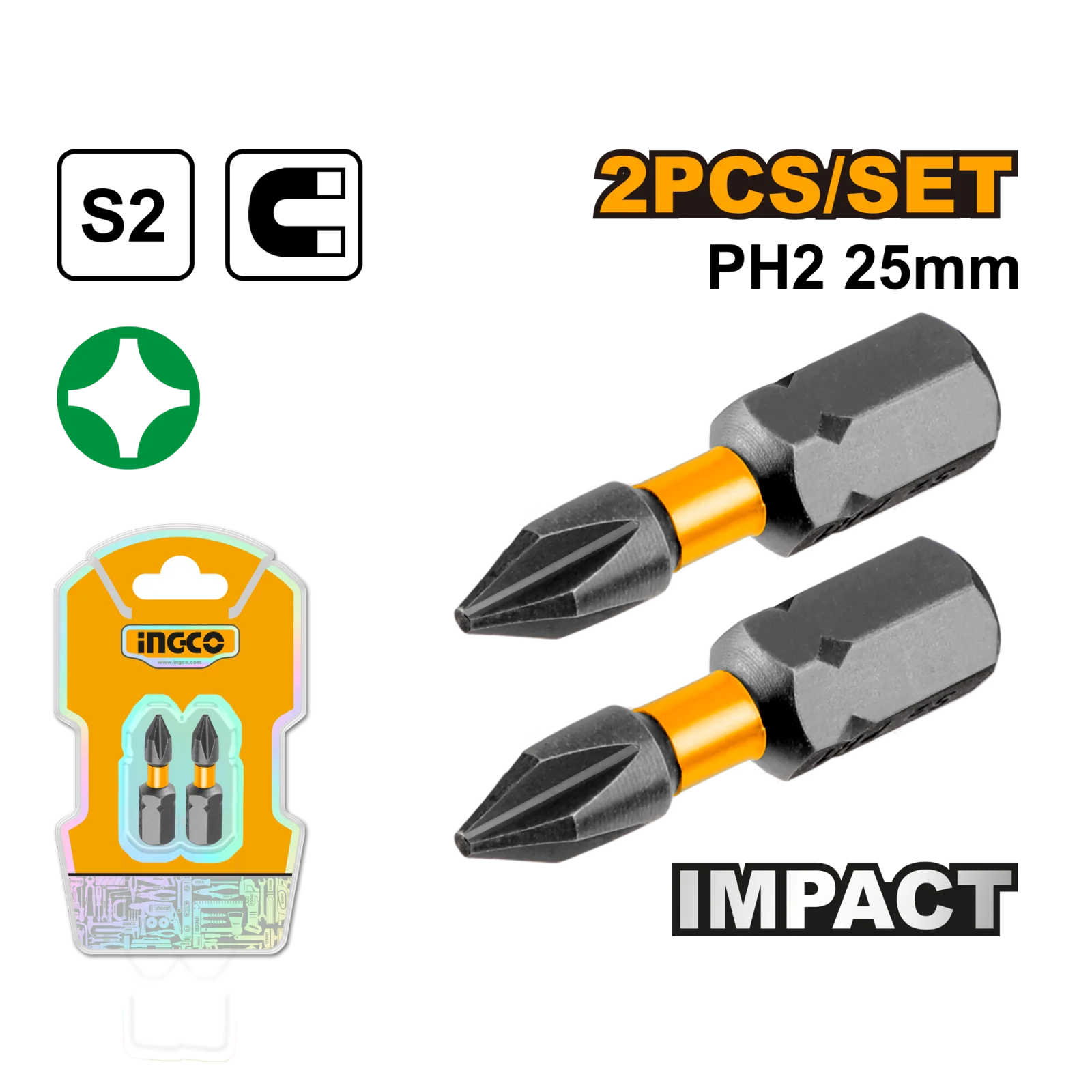 Набор ударных бит IMPACT INGCO SDBIM71PH225 INDUSTRIAL РН2х25 мм 2 шт. — фото 1