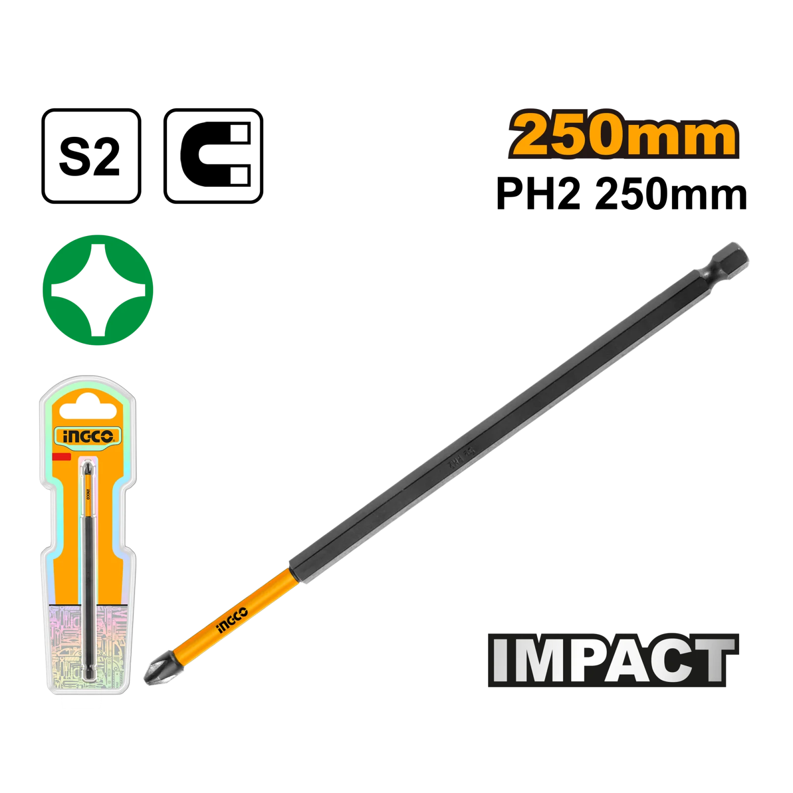 Ударная бита для шуруповерта IMPACT INGCO SDBIM71PH2250 INDUSTRIAL РН2х250 мм — фото 1