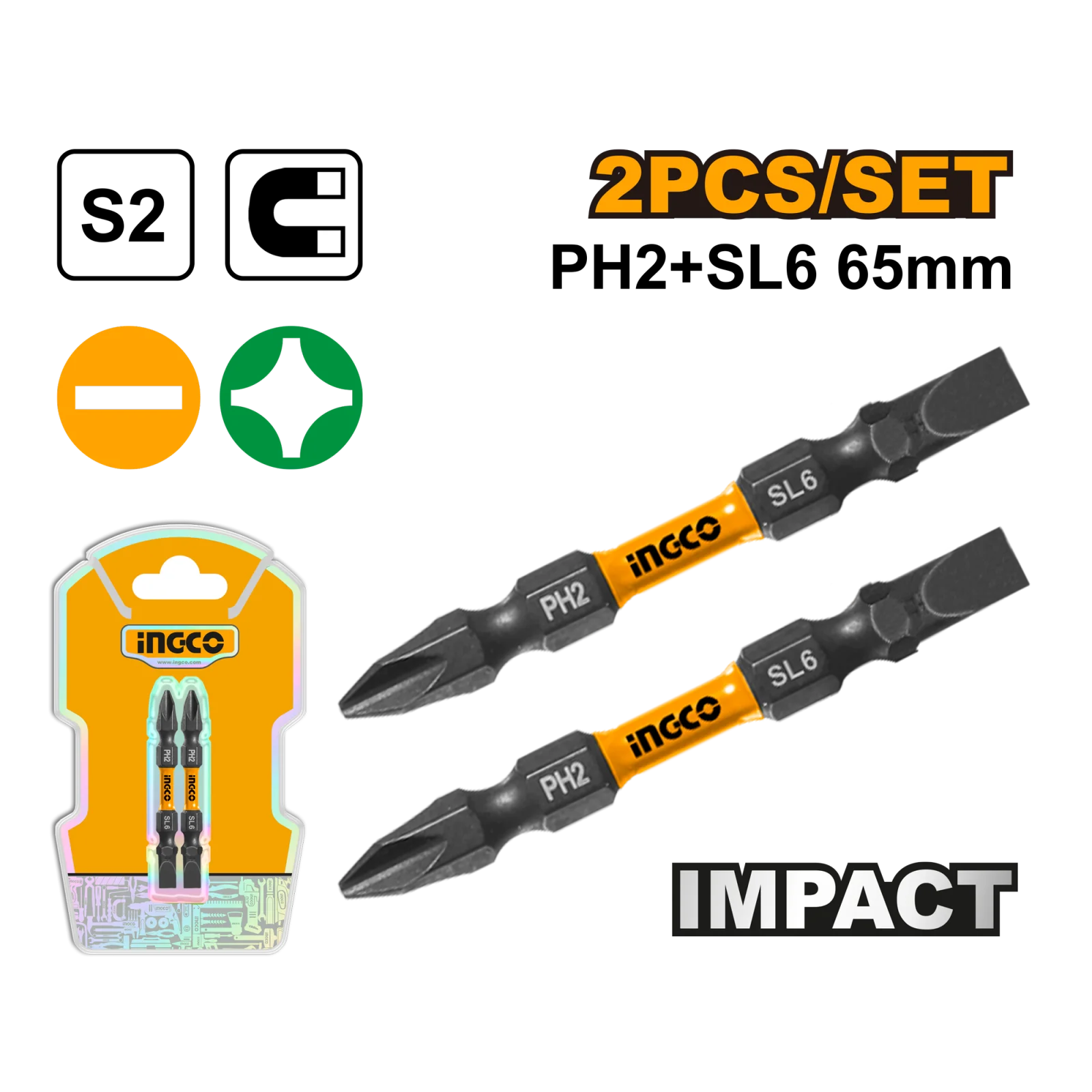 Набор ударных бит для шуруповерта IMPACT INGCO SDBIM72HL665 INDUSTRIAL PH2+SL6x65 мм 2 шт. — фото 1