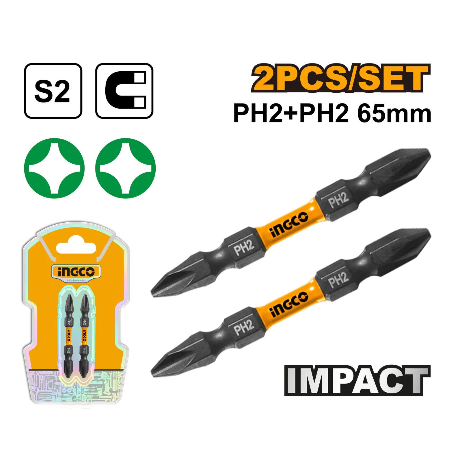Набор ударных бит IMPACT INGCO SDBIM72PH265 INDUSTRIAL PH2+PH2x65 мм 2 шт. — фото 1