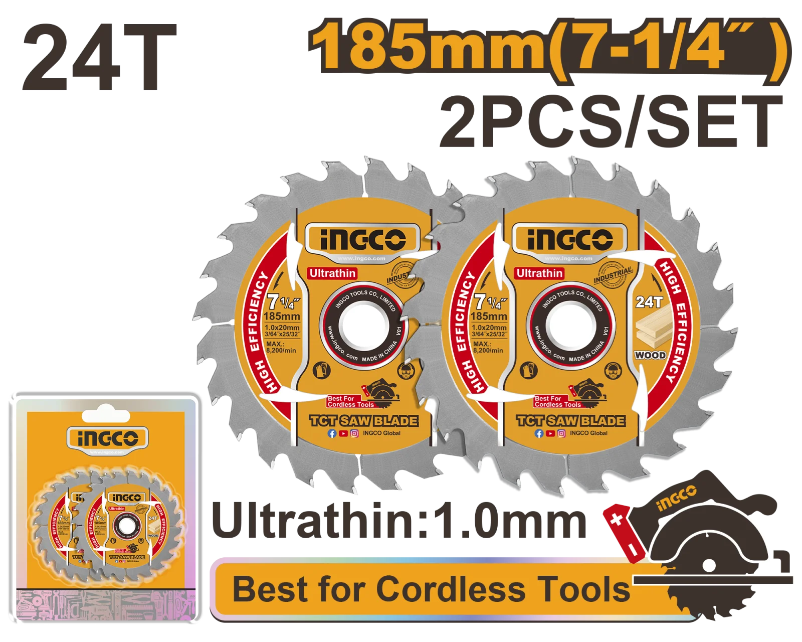 Диск пильный по дереву ультратонкий TCT INGCO TSB1853 INDUSTRIAL 185х20х1 мм 24Т 2 шт. — фото 1