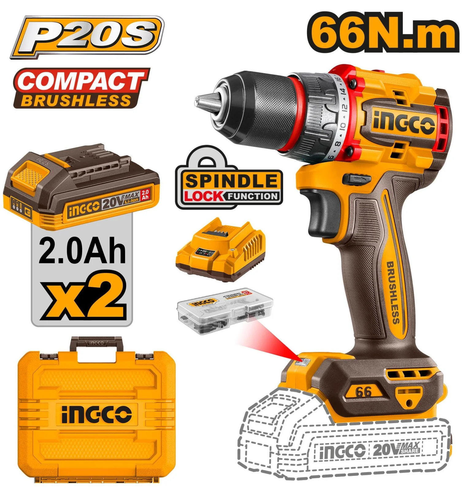 Аккумуляторный бесщёточный шуруповерт INGCO CDLI20668 INDUSTRIAL 20 В 66 Нм