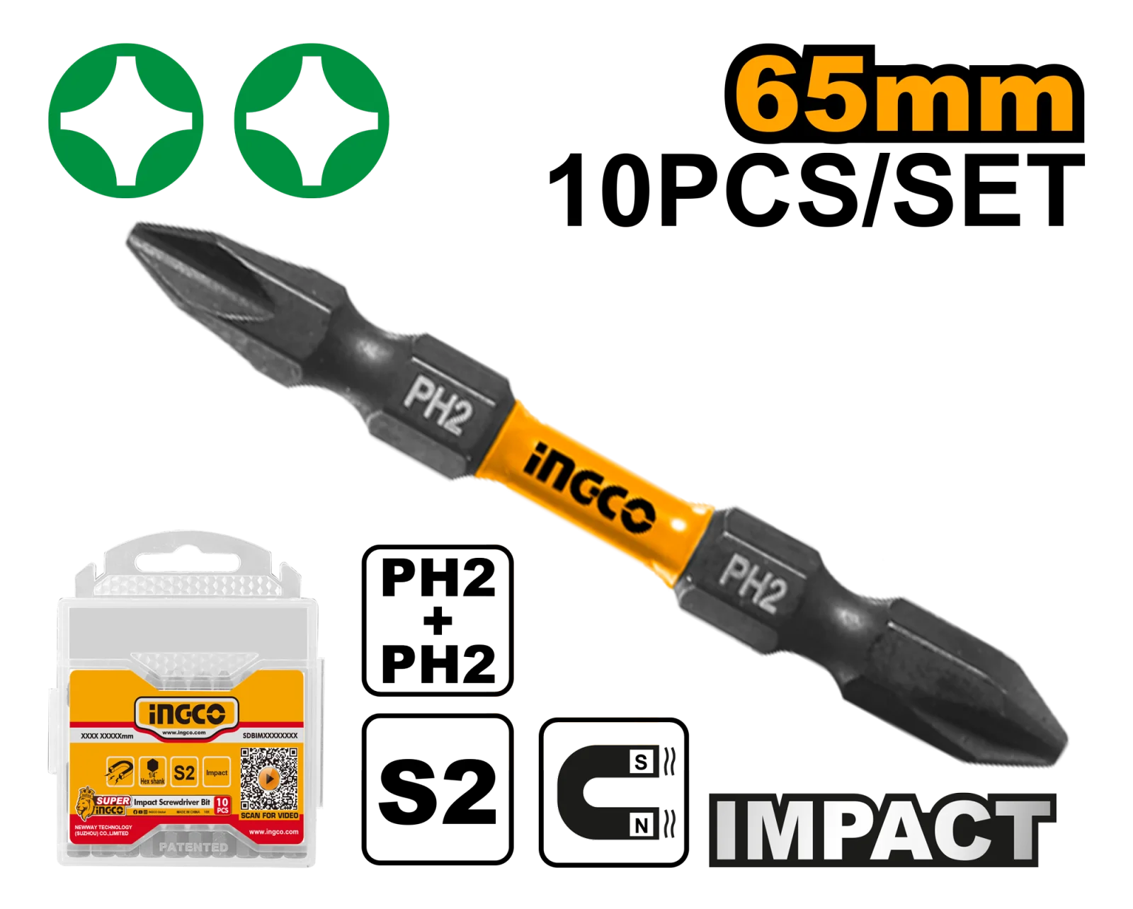 Набор ударных бит для шуруповерта IMPACT INGCO SDBIM21PH233 INDUSTRIAL PH2+PH2x65 мм 10 шт. — фото 1