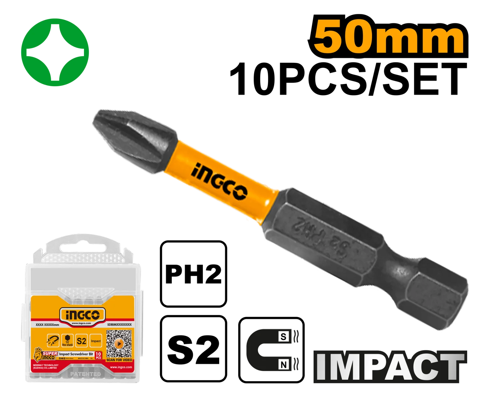 Набор ударных бит для шуруповерта IMPACT INGCO SDBIM11PH223 INDUSTRIAL РН2х50 мм 10 шт. — фото 1