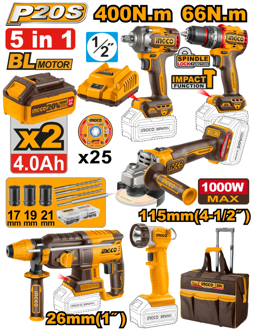 Набор аккумуляторного инструмента INGCO CKLI2059 INDUSTRIAL 20 В 5 шт.