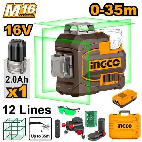 Лазерный аккумуляторный нивелир INGCO HLL301201 INDUSTRIAL 16 В 35 м