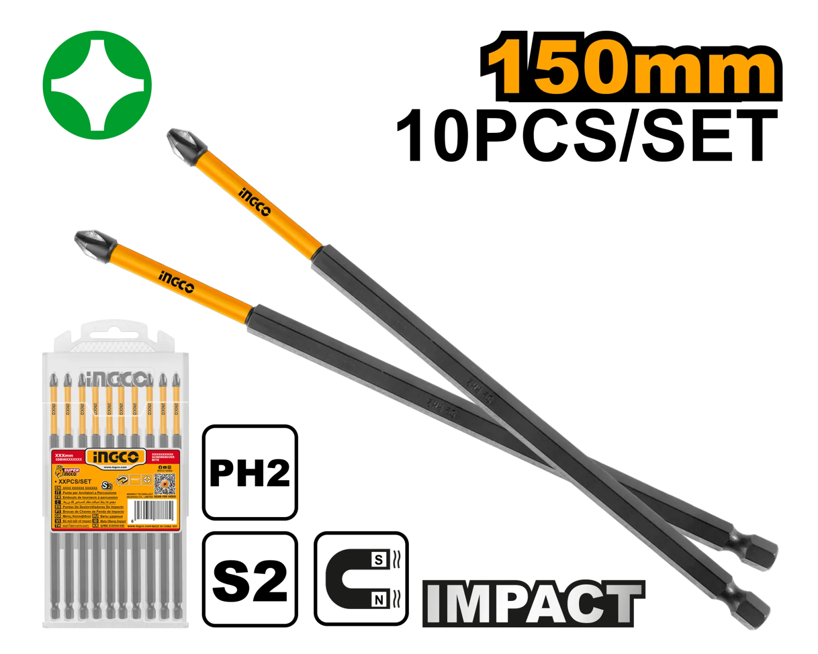 Набор ударных бит для шуруповерта IMPACT INGCO SDBIM11PH263 INDUSTRIAL РН2х150 мм 10 шт. — фото 1