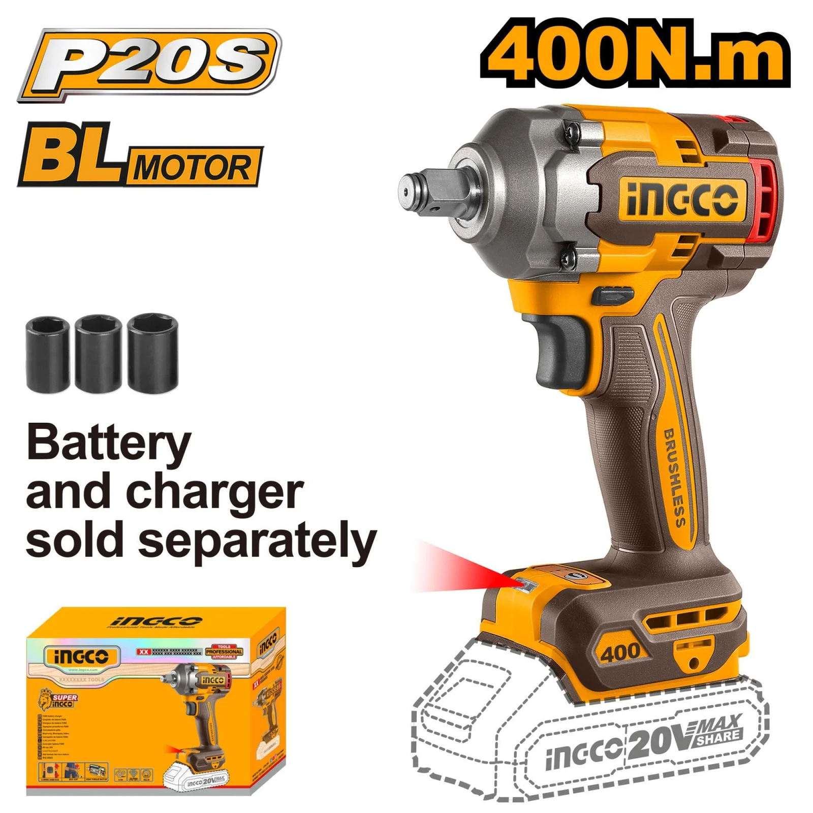 Аккумуляторный бесщеточный ударный гайковерт INGCO CIWLI20401 INDUSTRIAL 20 В 1/2