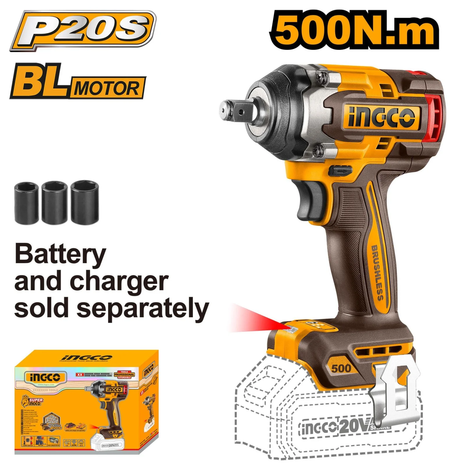 Аккумуляторный бесщеточный ударный гайковерт INGCO CIWLI20501 INDUSTRIAL 20 В 1/2