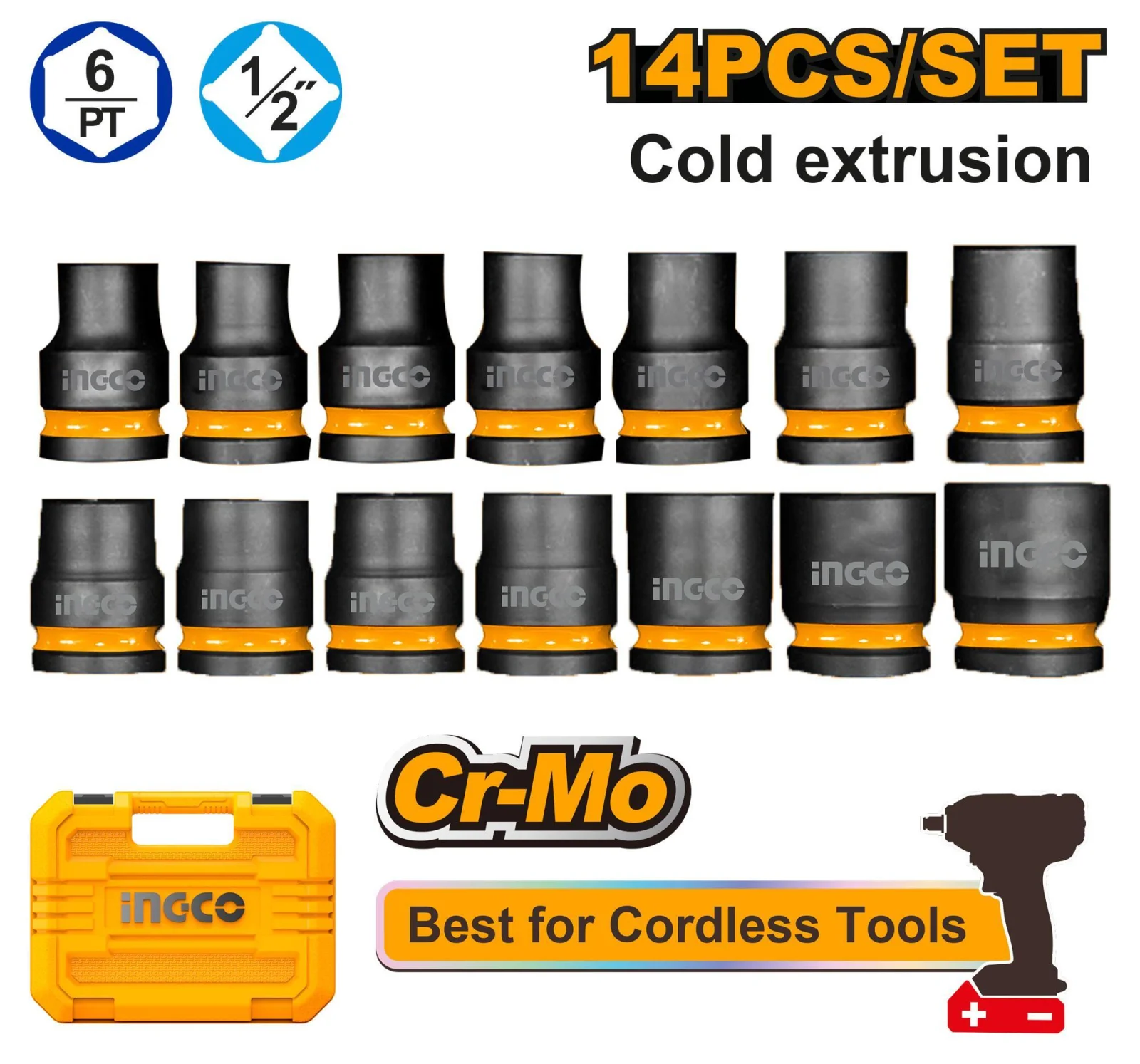 Набор торцевых ударных головок INGCO HKISSD12141 INDUSTRIAL 1/2