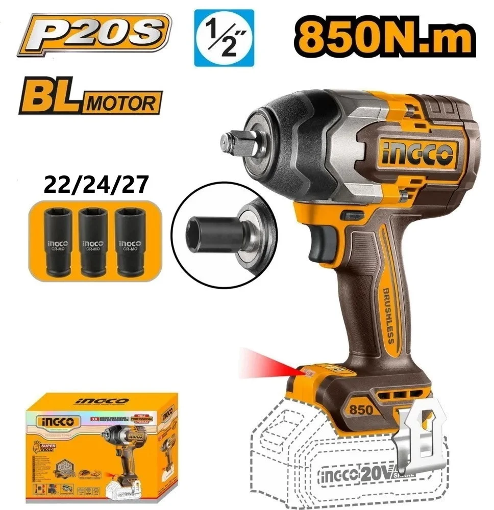Аккумуляторный бесщеточный ударный гайковерт INGCO CIWLI20851 INDUSTRIAL 20 В 1/2