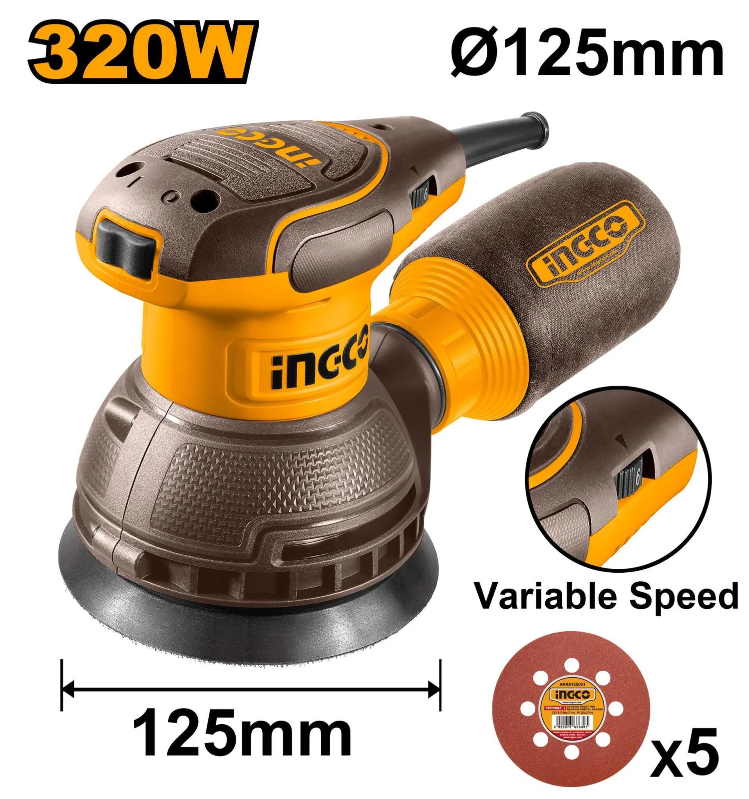 Шлифовальная машина эксцентриковая INGCO RS3216 INDUSTRIAL 320 Вт 125 мм