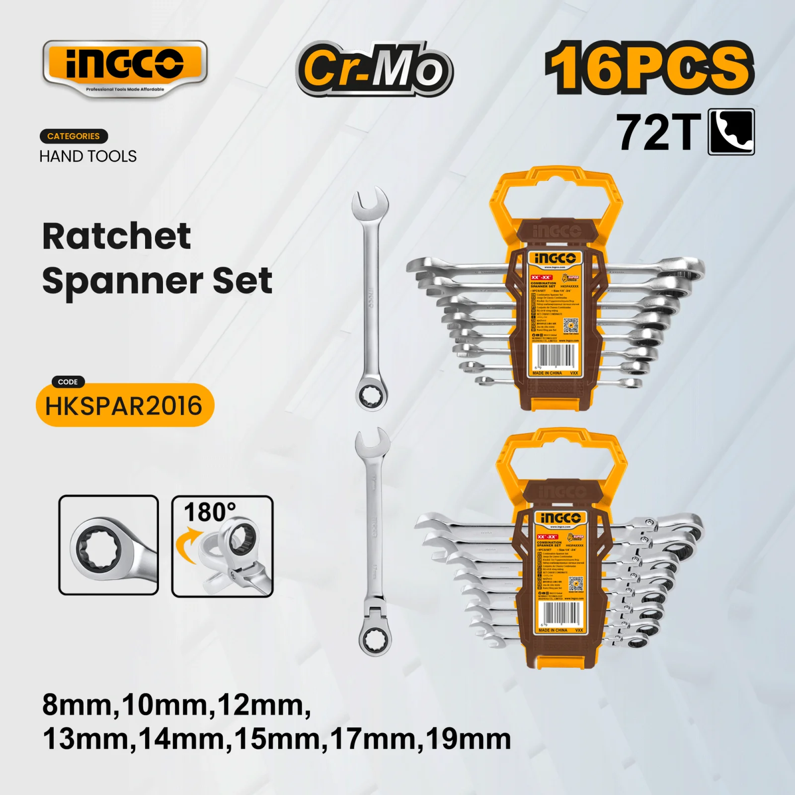Набор комбинированных ключей с трещоткой INGCO HKSPAR2016 INDUSTRIAL 16 шт. 8-19 мм