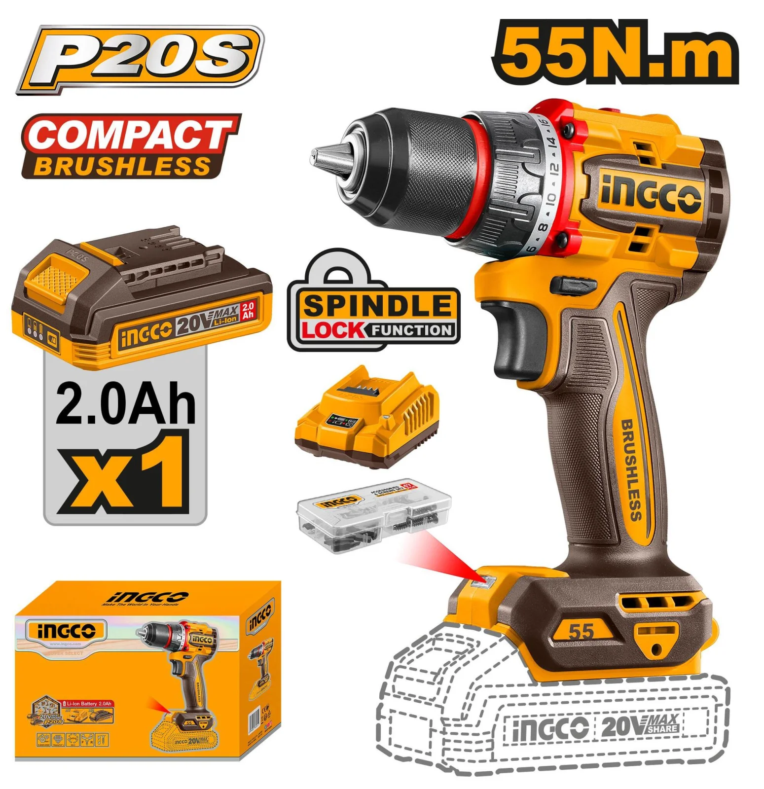 Аккумуляторный бесщеточный шуруповерт INGCO CDLI205582 INDUSTRIAL 20 В 55 Нм 22+1