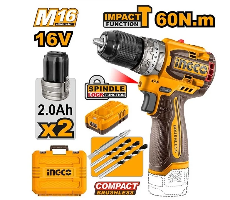 Аккумуляторный ударный бесщеточный шуруповерт INGCO CIDLI16682 INDUSTRIAL 16 В 60 Нм 22+1+1