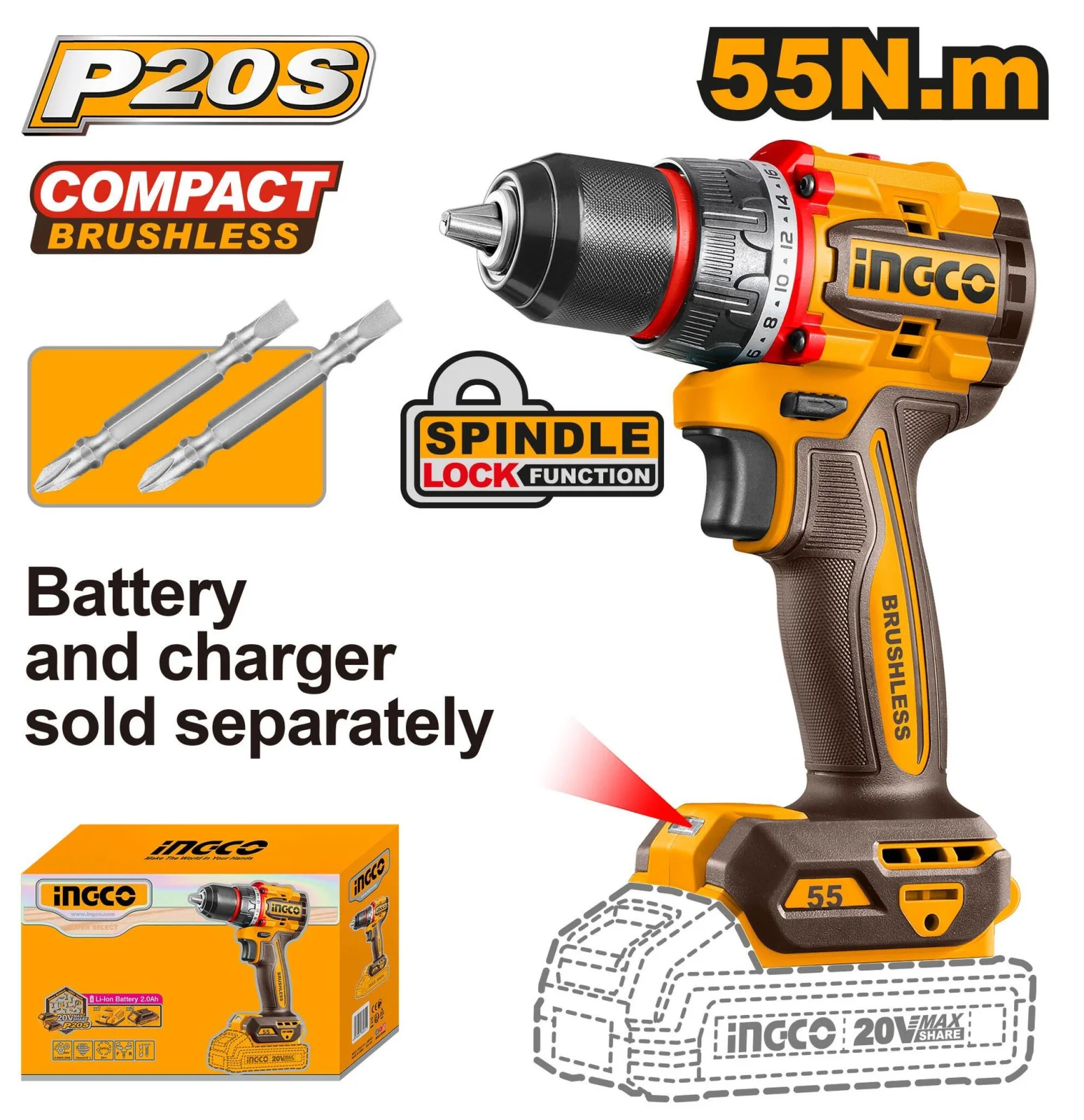 Аккумуляторный бесщеточный шуруповерт INGCO CDLI205581 INDUSTRIAL 20 В 55 Нм 22+1