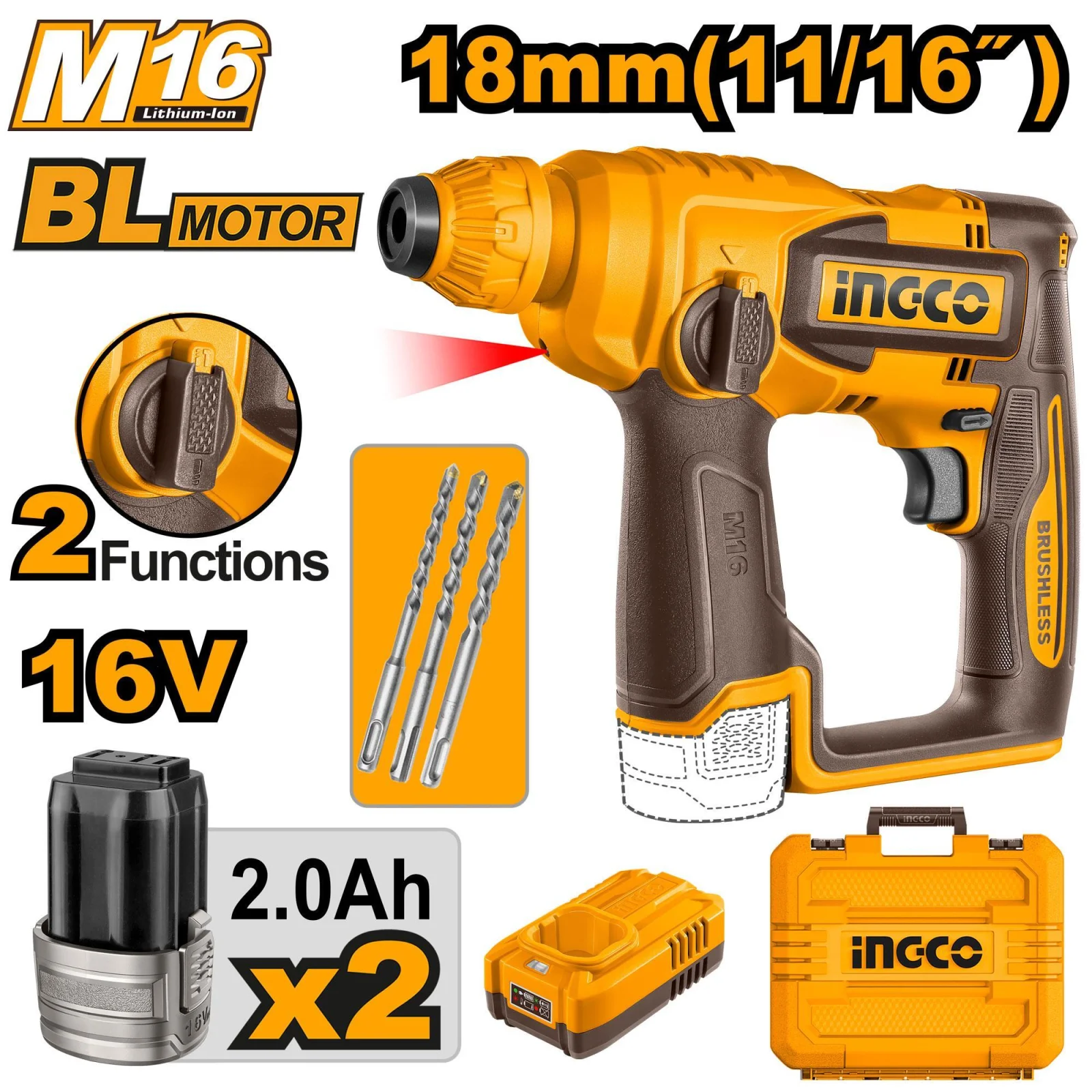 Аккумуляторный бесщёточный перфоратор INGCO CRHLI16168 INDUSTRIAL 16 В