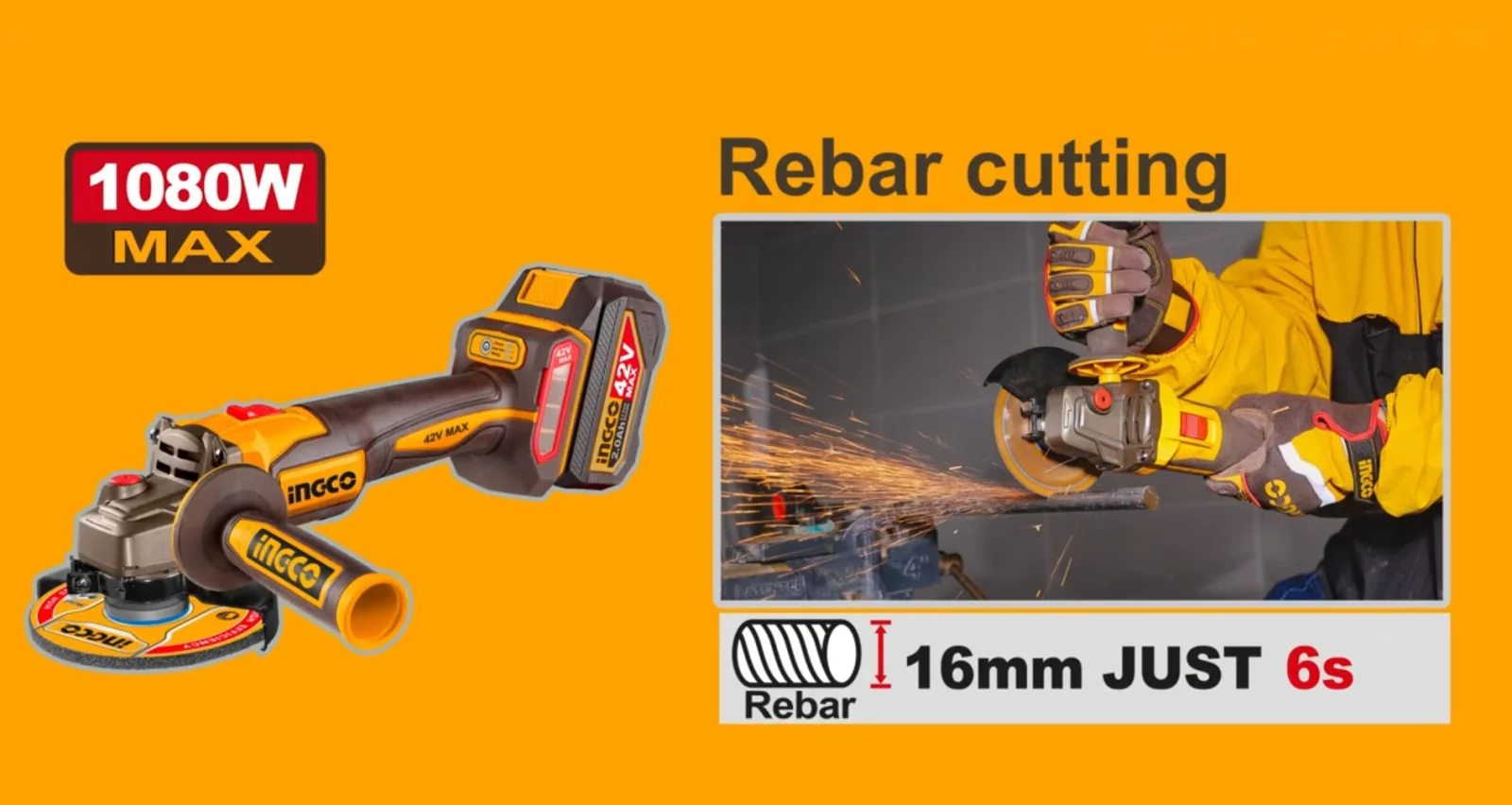 Аккумуляторная угловая шлифовальная машина (УШМ) INGCO CAGLI4108112 INDUSTRIAL 42 В 115 мм 2х2 Ач — фото 9