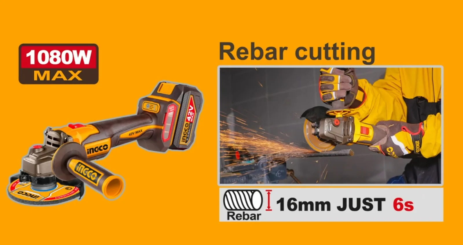 Аккумуляторная угловая шлифовальная машина (УШМ) INGCO CAGLI4108112 INDUSTRIAL 42 В 115 мм 2х2 Ач — фото 10