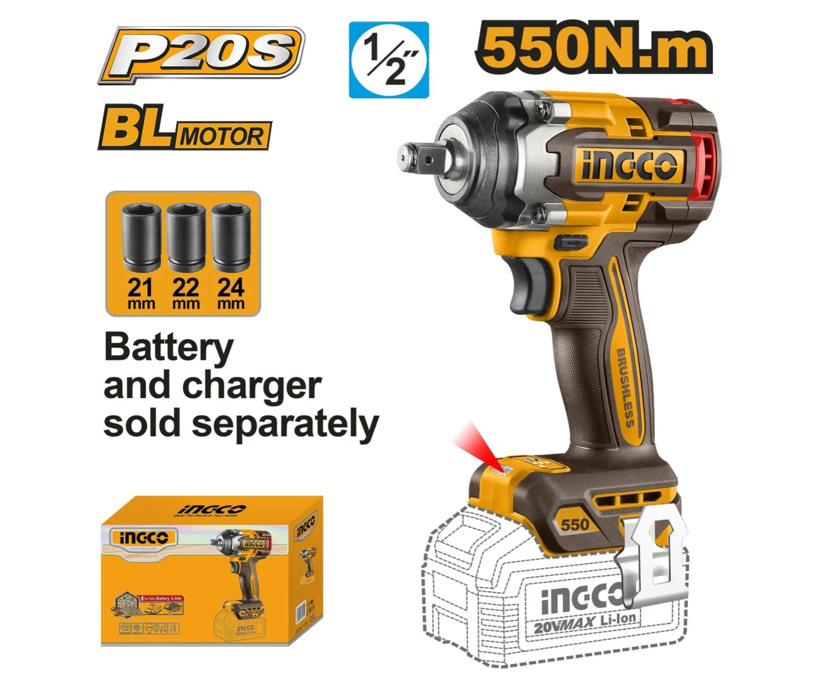 Аккумуляторный бесщеточный ударный гайковерт INGCO CIWLI20551 INDUSTRIAL 20 В 1/2