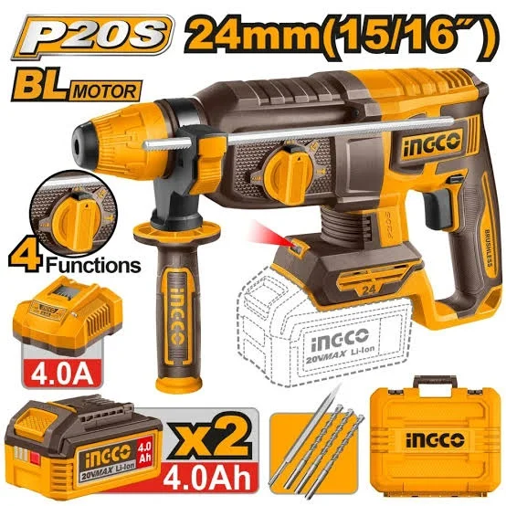Аккумуляторный бесщеточный перфоратор SDS-Plus INGCO CRHLI202482 INDUSTRIAL 20 В 2,4 Дж 2x4 Ач