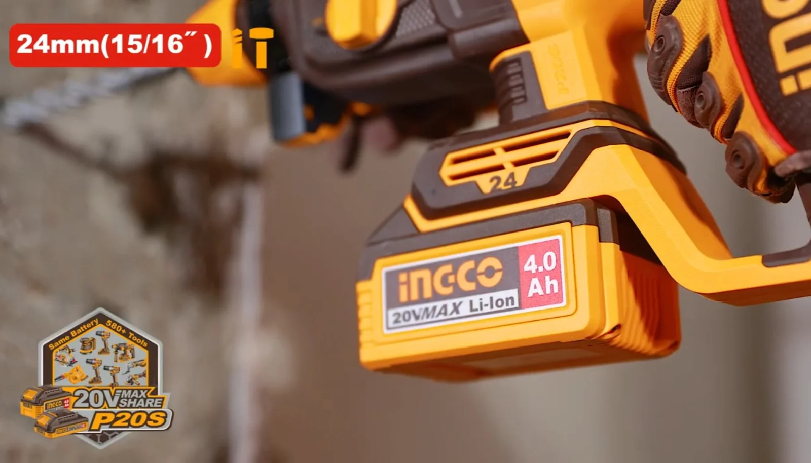 Аккумуляторный бесщеточный перфоратор SDS-Plus INGCO CRHLI202482 INDUSTRIAL 20 В 2,4 Дж 2x4 Ач — фото 3