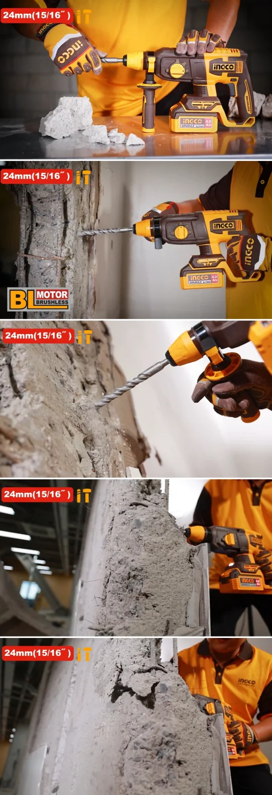 Аккумуляторный бесщеточный перфоратор SDS-Plus INGCO CRHLI202482 INDUSTRIAL 20 В 2,4 Дж 2x4 Ач — фото 4