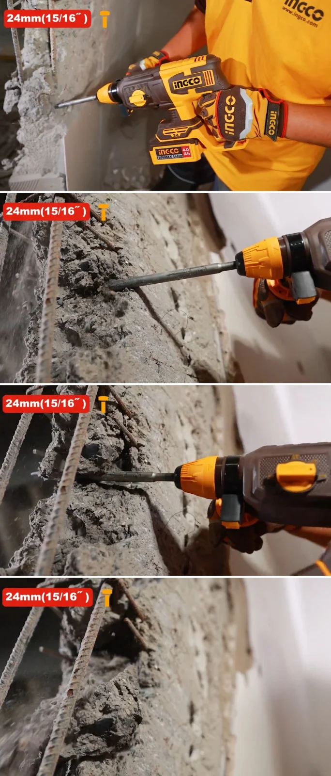 Аккумуляторный бесщеточный перфоратор SDS-Plus INGCO CRHLI202482 INDUSTRIAL 20 В 2,4 Дж 2x4 Ач — фото 5