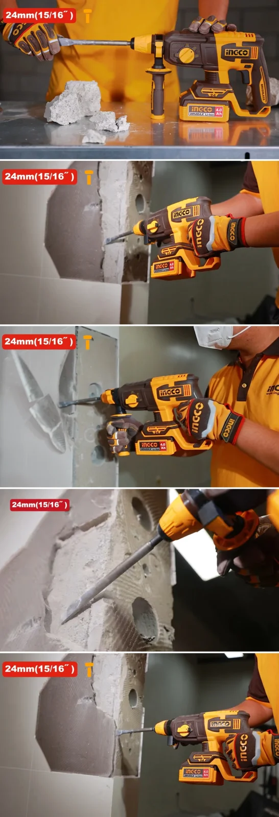 Аккумуляторный бесщеточный перфоратор SDS-Plus INGCO CRHLI202482 INDUSTRIAL 20 В 2,4 Дж 2x4 Ач — фото 6