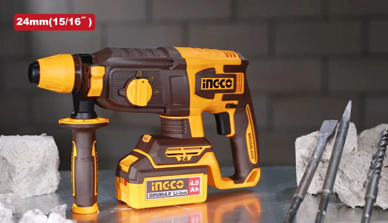 Аккумуляторный бесщеточный перфоратор SDS-Plus INGCO CRHLI202482 INDUSTRIAL 20 В 2,4 Дж 2x4 Ач — фото 7