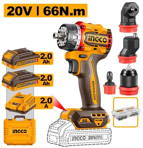 Аккумуляторный бесщёточный шуруповерт INGCO CDLI206686 INDUSTRIAL 20 В 66 Нм с набором сменных насадок — фото 1